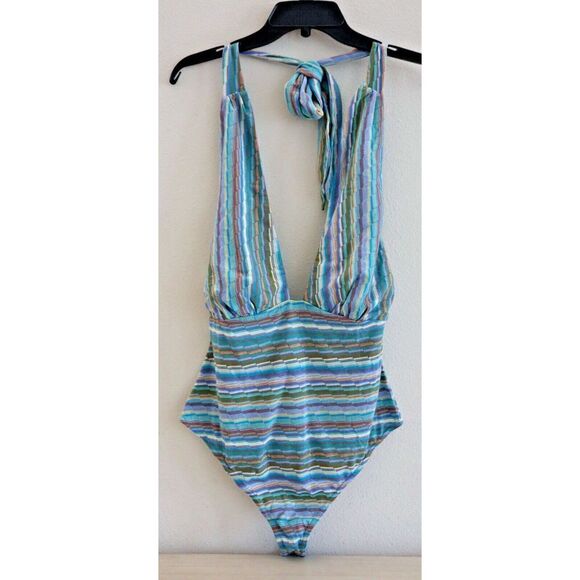 Intimately x FP OB1567379 Women's Sz M Blue Combo Retro Babe Halter Bodysuit - Picture 1 of 8